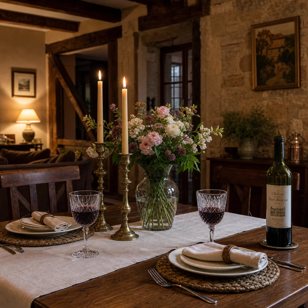 Candlelit wine glasses and rustic table setting