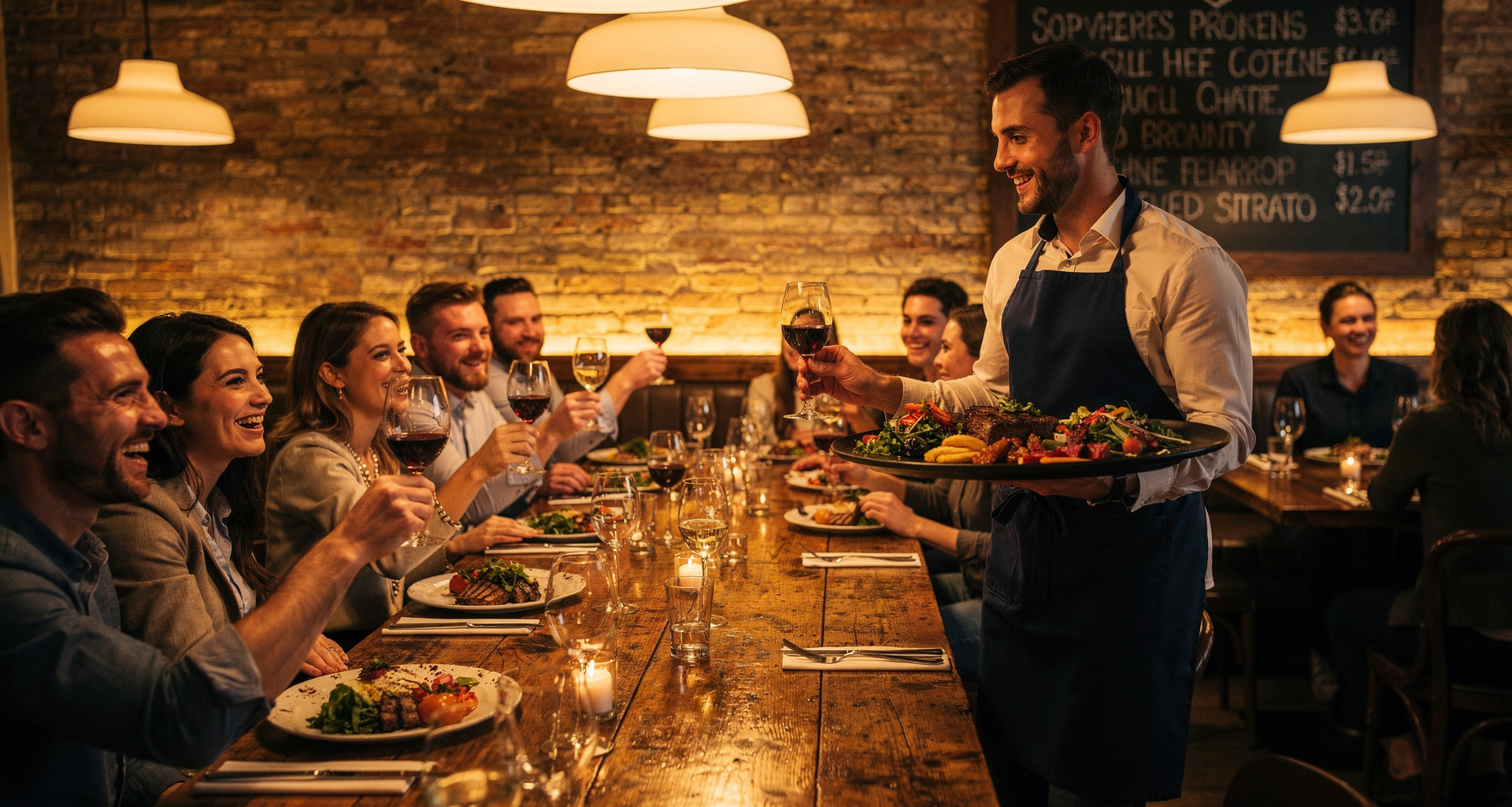 Wide shot of the buzzing evening dining room with warm lighting