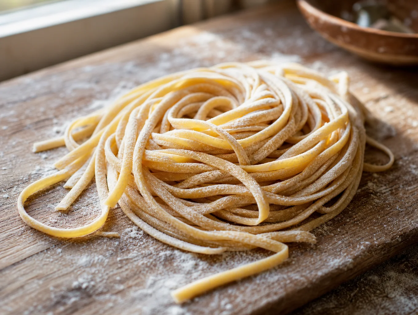 Fresh pasta dusted with semolina on a wooden kitchen board