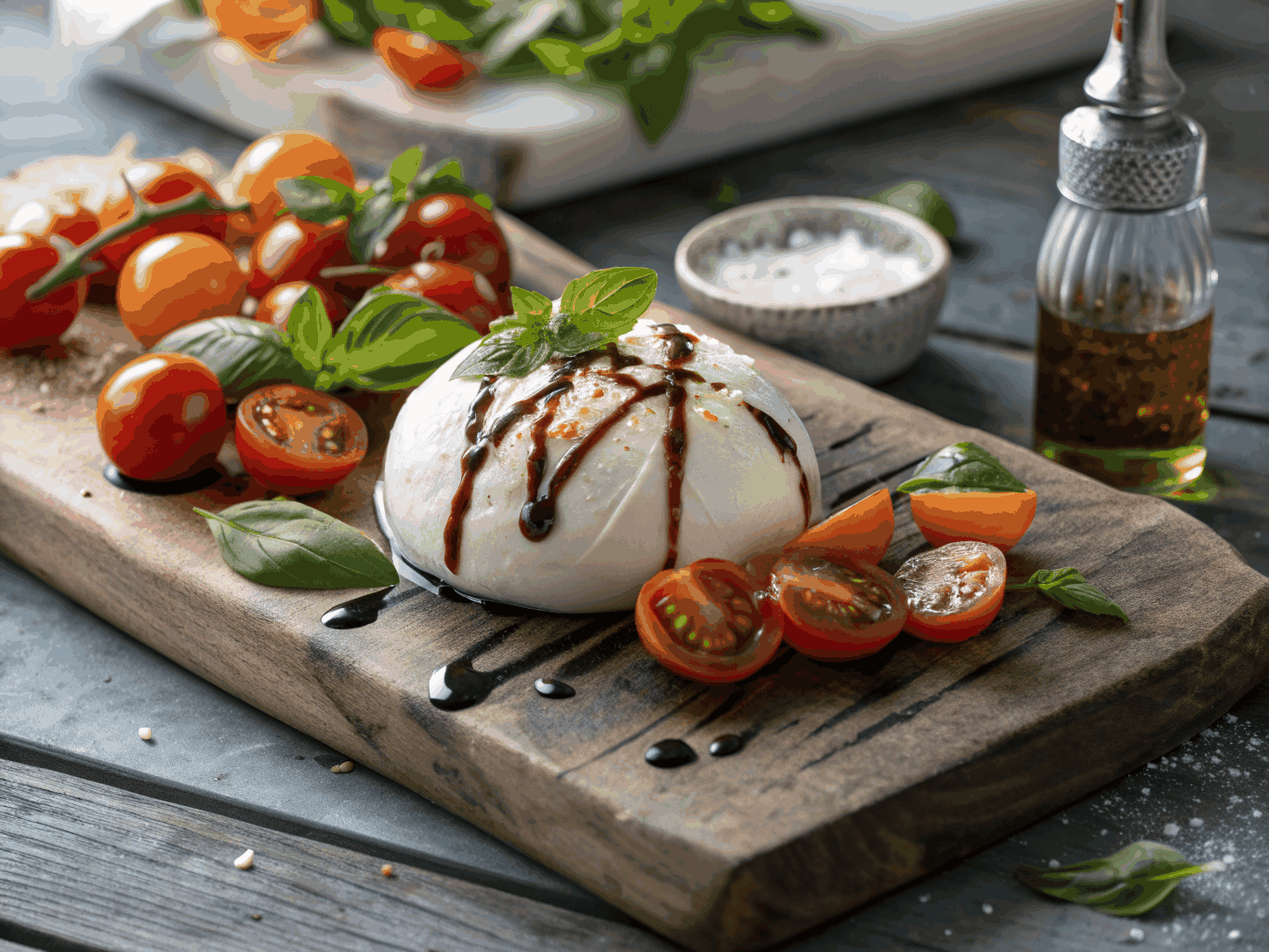 Olive oil poured over fresh creamy burrata with ripe tomatoes