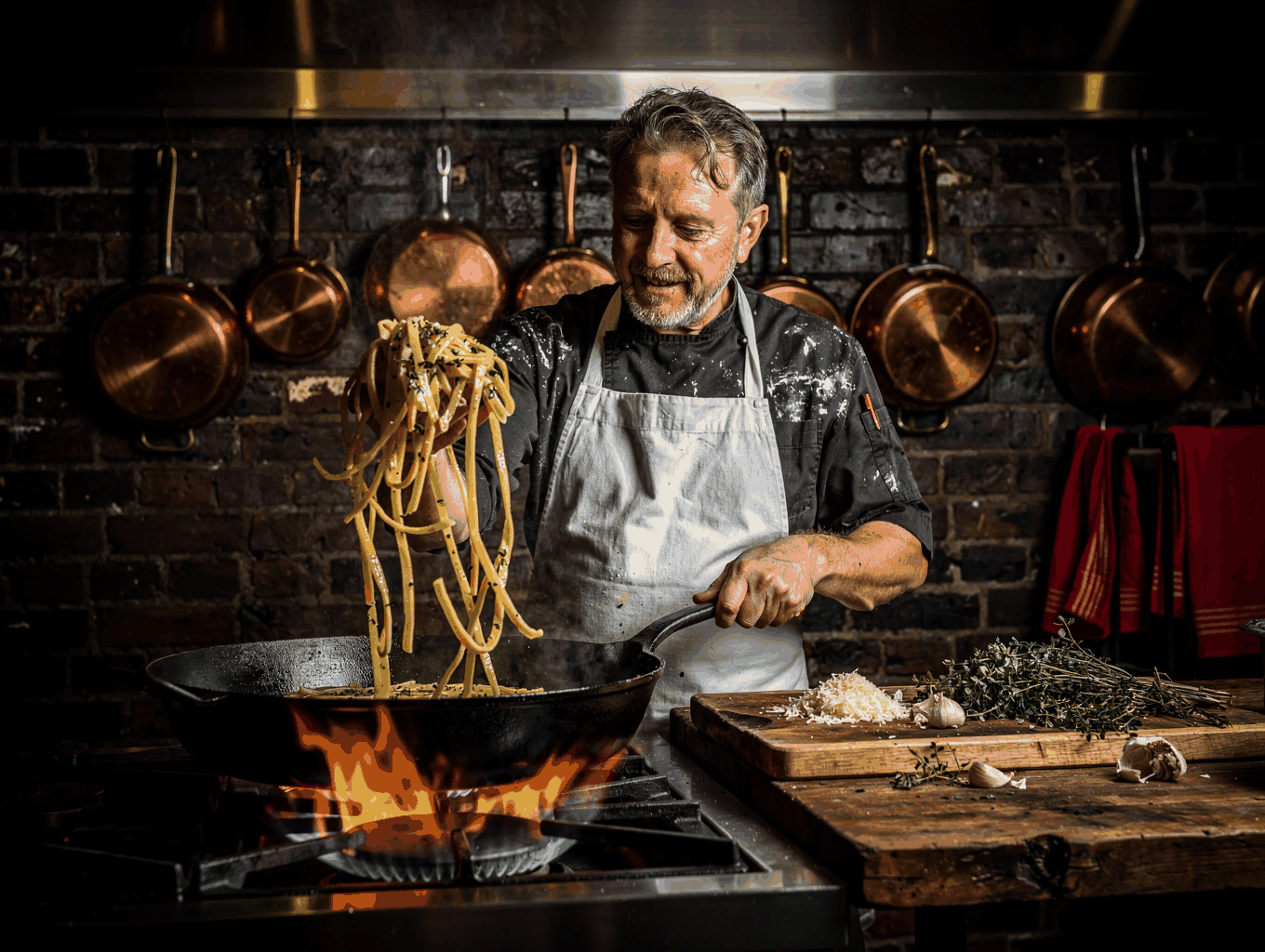Chef working at a glowing wood-fired hearth