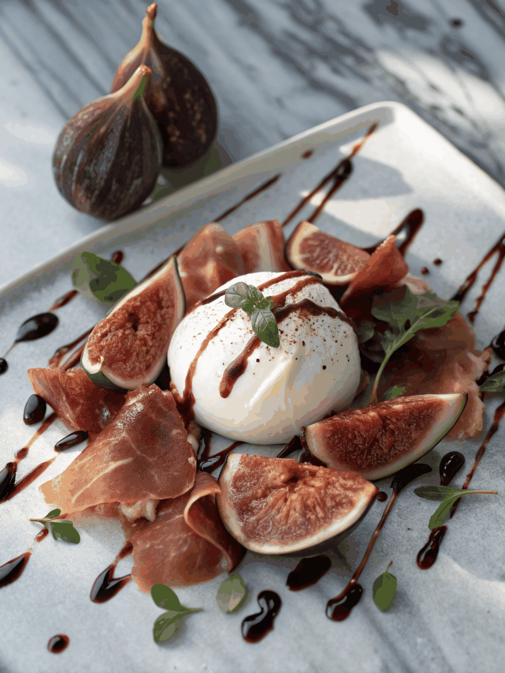 Puglian burrata cheese with roasted figs, crushed pistachios and aged balsamic drizzle