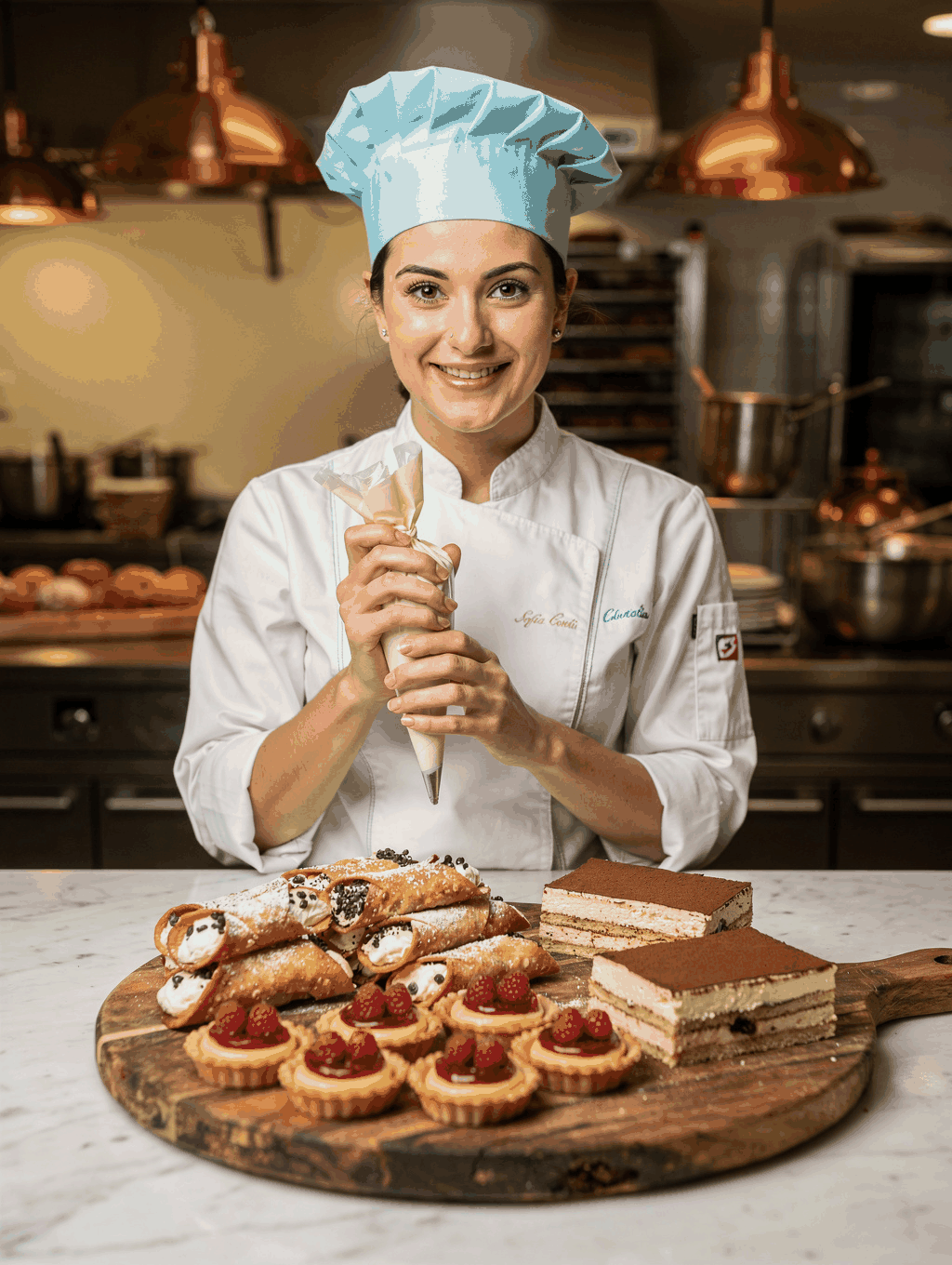 Pastry Chef Gianna Ferri delicately garnishing an artisanal Sicilian dessert