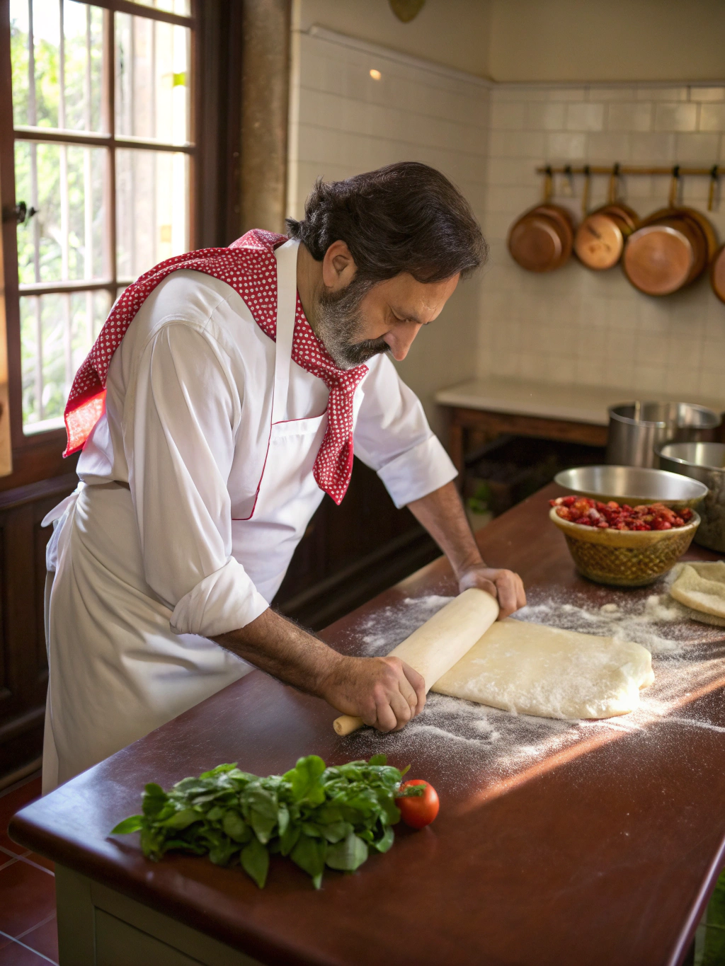 Executive Head Chef Marco Bianchi rolling fresh handmade artisanal pasta in the kitchen