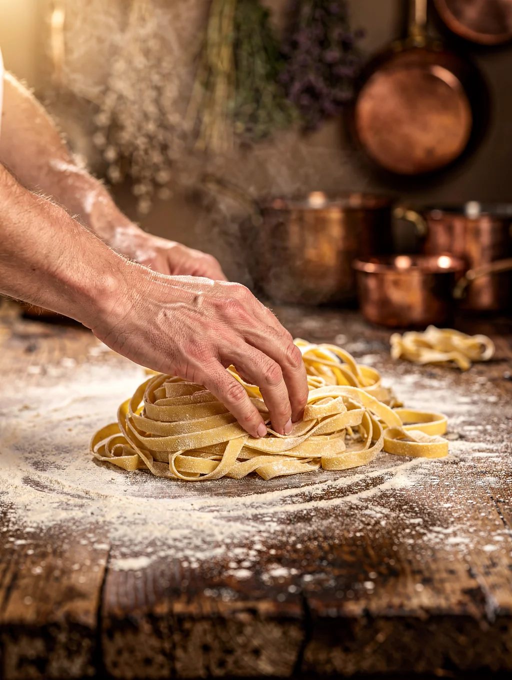 Master Pastaio Matteo Vieri dusting golden semolina flour over freshly cut tagliatelle