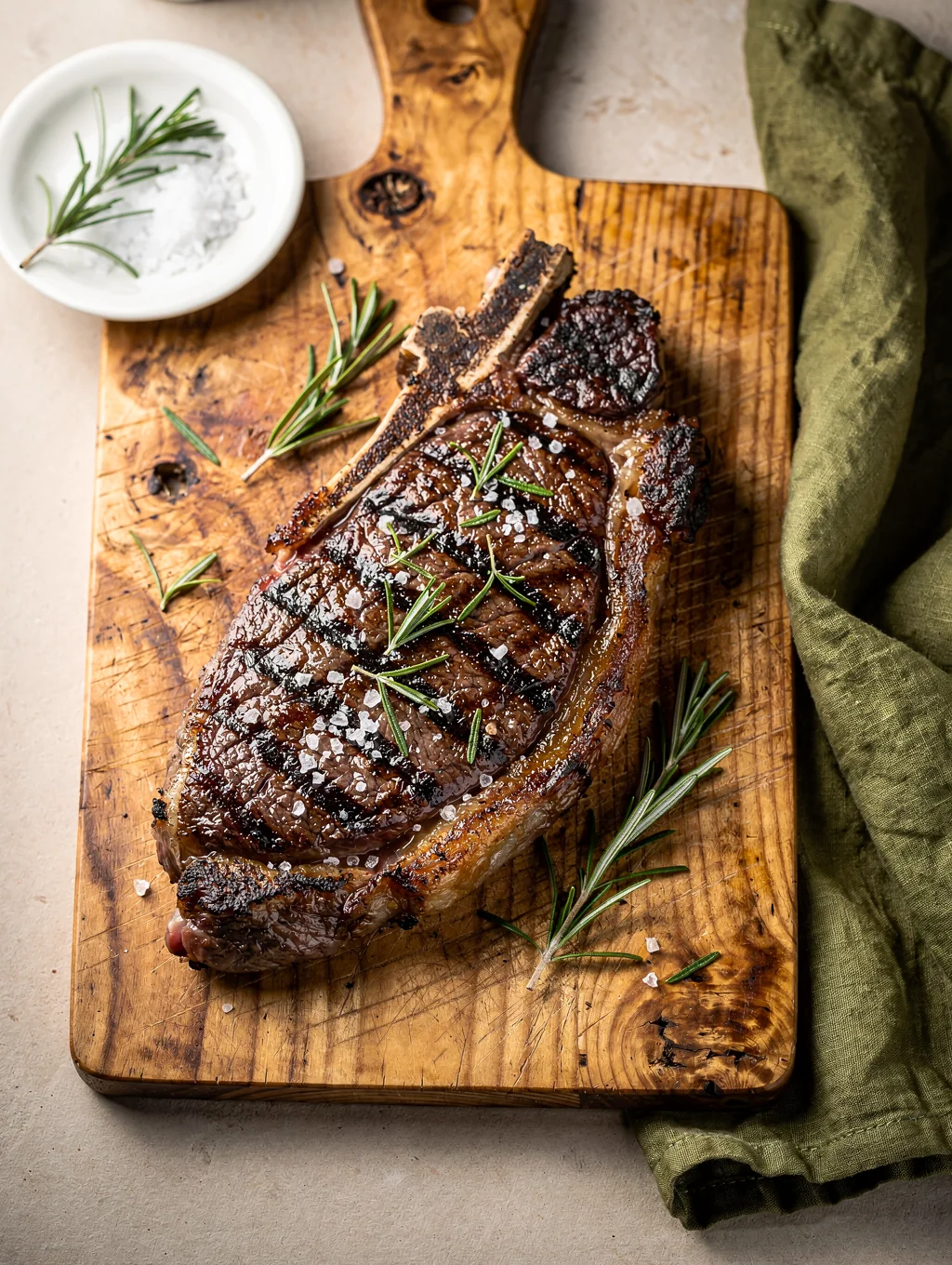 Wood-fired thick cut Florentine ribeye steak on a rustic wooden carving board