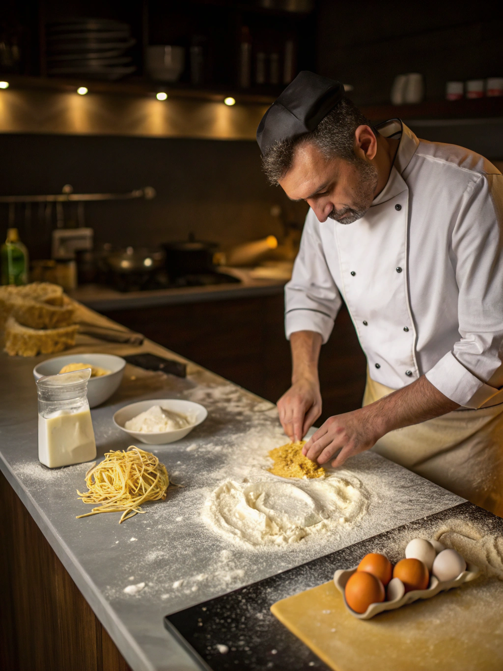 Artisan Italian chef shaping fresh handmade pasta with semolina flour