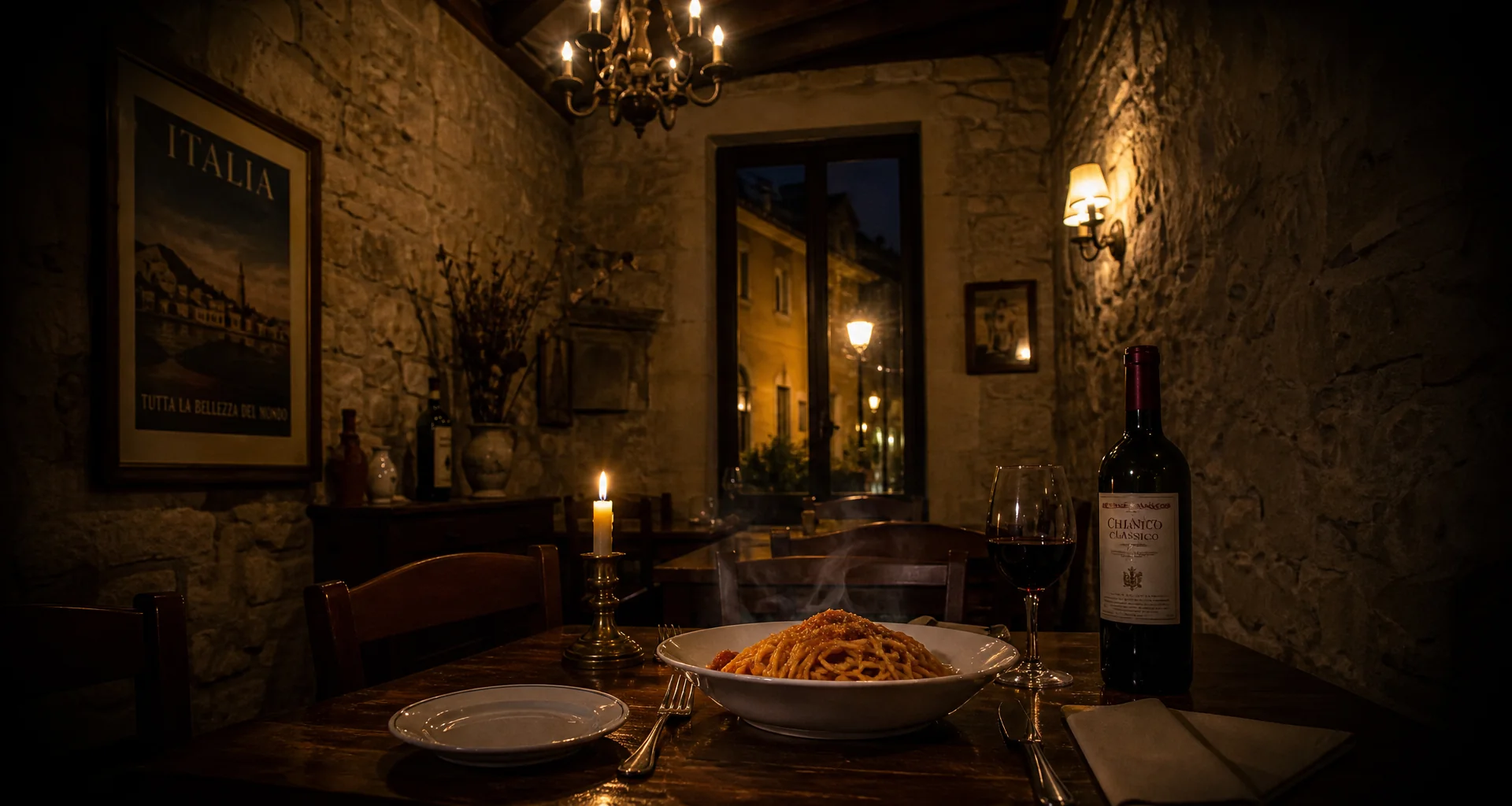 Candlelit Italian dining table with artisan handmade pasta and wine