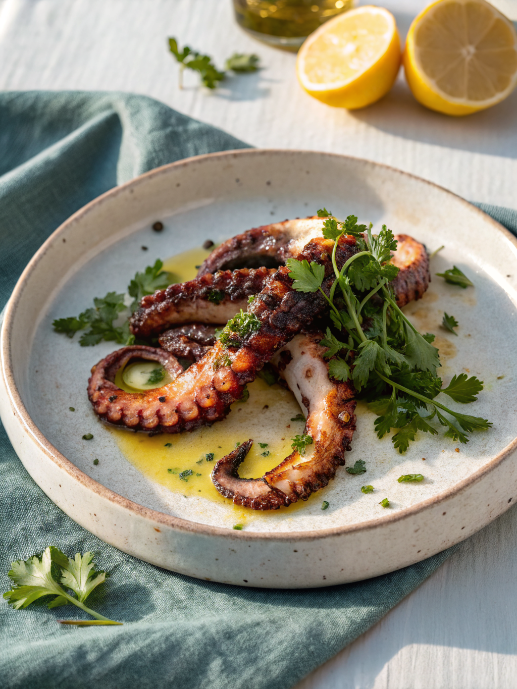 Delicate octopus carpaccio plated with citrus pearls, herbs and extra virgin olive oil