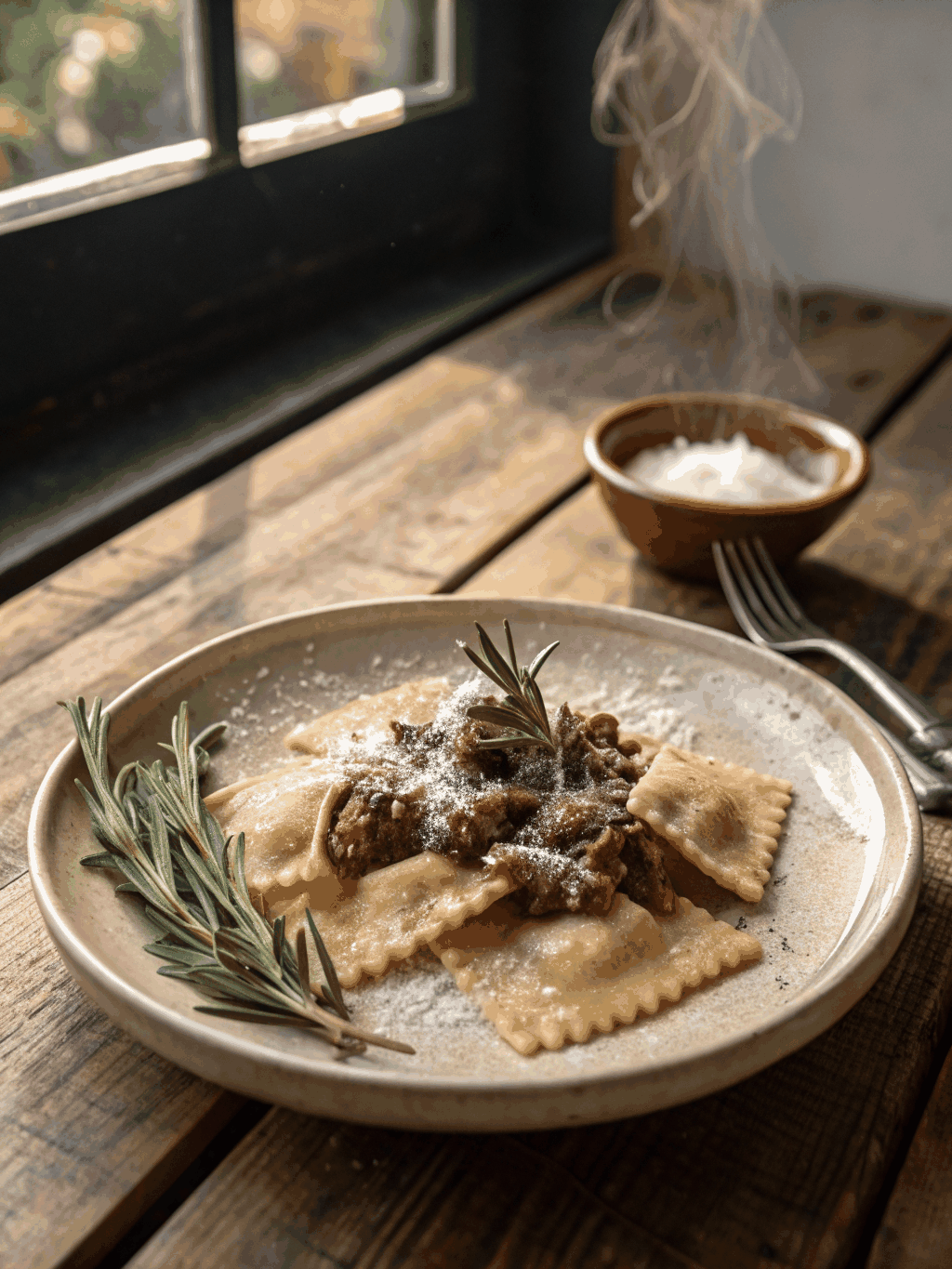 Traditional Piedmontese agnolotti del plin in glossy roast jus reduction