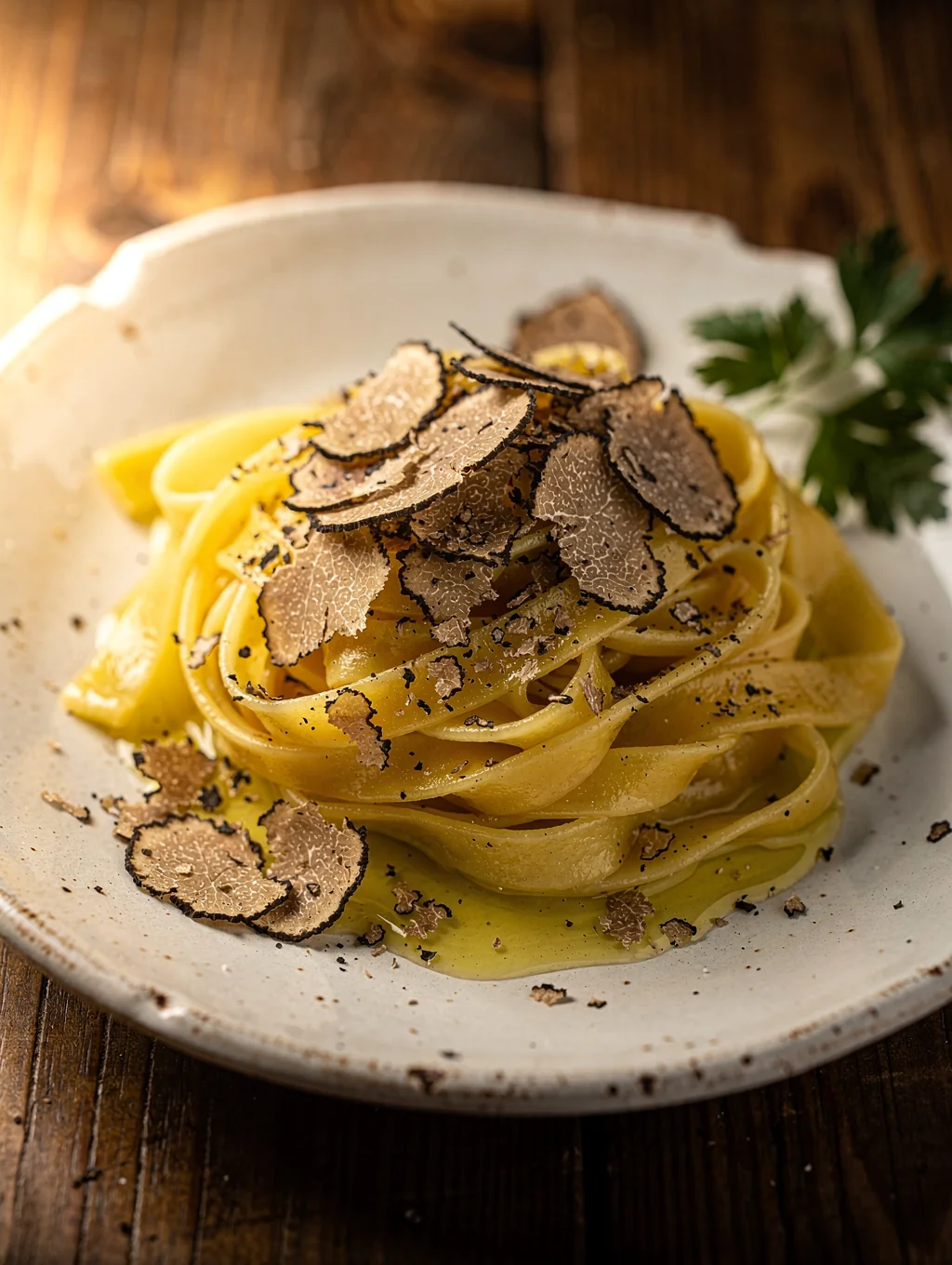 Fresh handmade tagliolini pasta generously shaved with black winter truffles