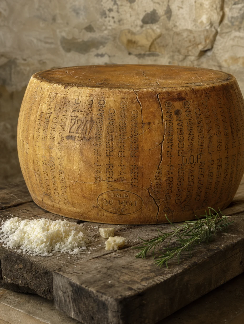Aged Parmigiano-Reggiano wheels and finely sliced artisan prosciutto