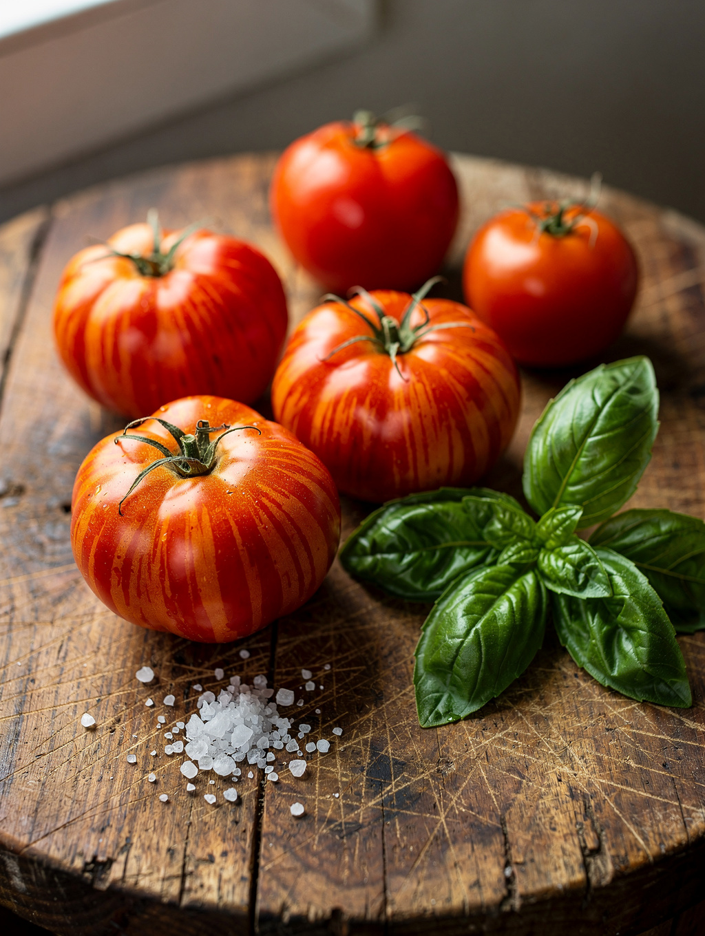 Freshly harvested organic heirloom tomatoes and basil in morning light
