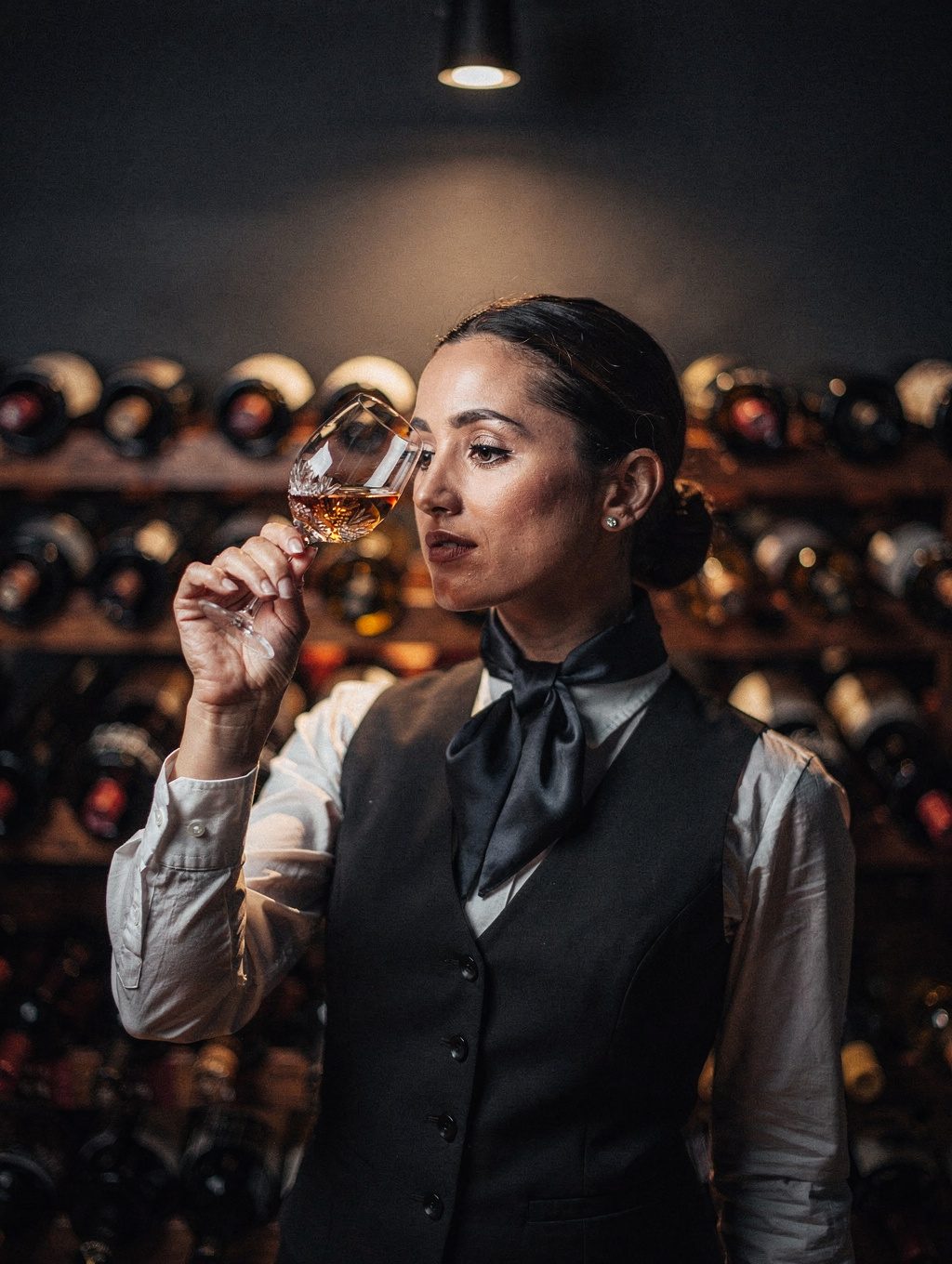 Head Sommelier Sofia Rossi evaluating an aged Tuscan red wine in the cellar