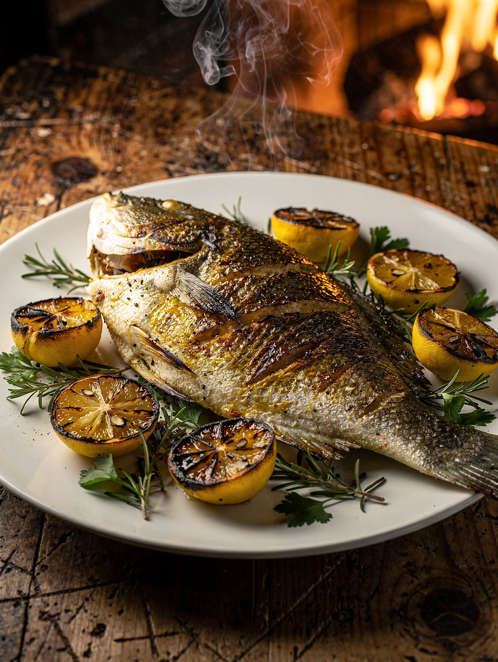 Whole roasted Mediterranean sea bass garnished with charred lemons and fresh herbs